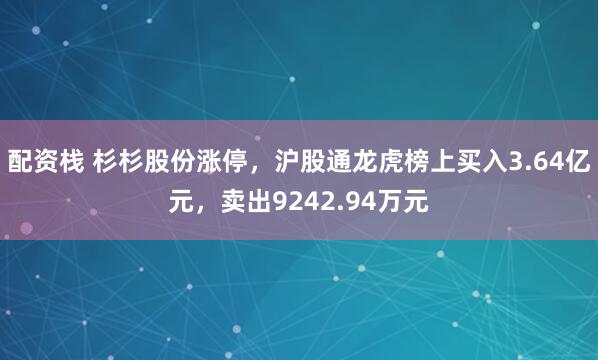 配资栈 杉杉股份涨停，沪股通龙虎榜上买入3.64亿元，卖出9242.94万元